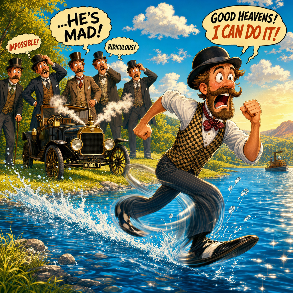 Illustration for joke: In 1916, a con man fooled Henry Ford into believing he'd built a car that ran on water — so why did 