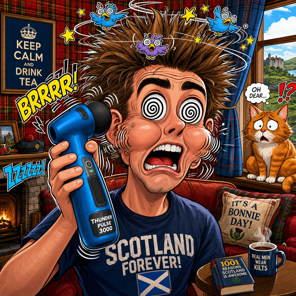 Illustration for joke: A young Scottish lad decided to use a massage gun on his eyes to relax.