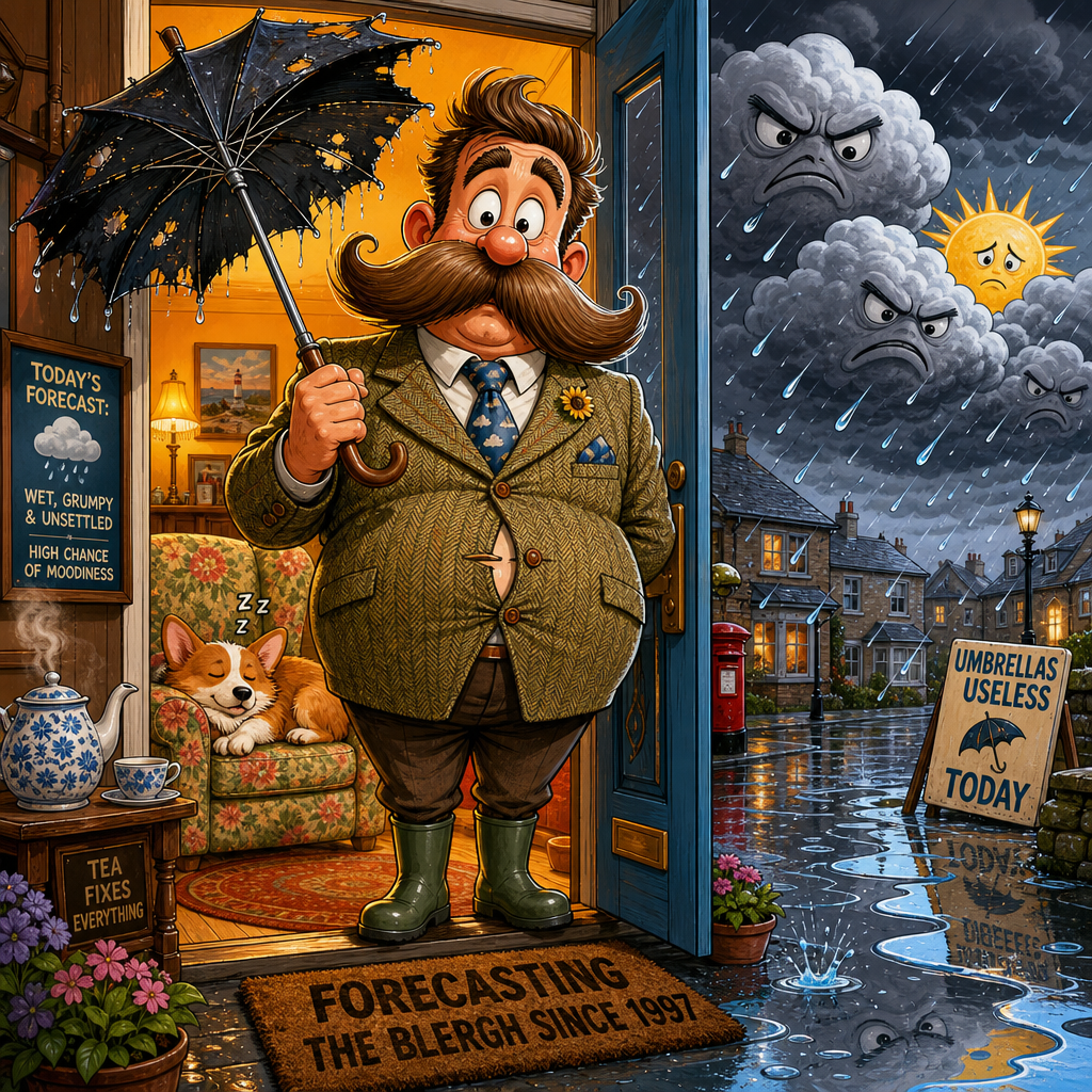 Illustration for joke: Why did the British weather forecaster refuse to leave the house?