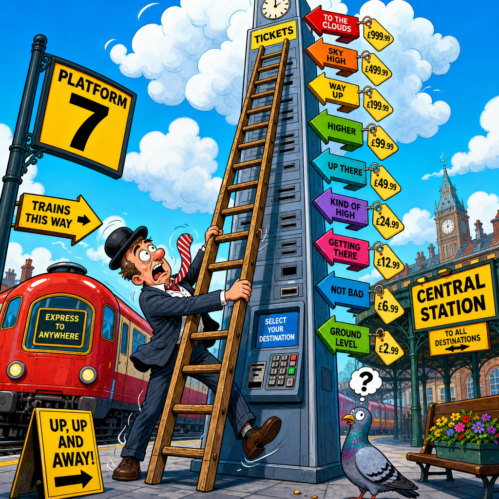 Illustration for joke: Why did the British commuter bring a ladder to the train station?