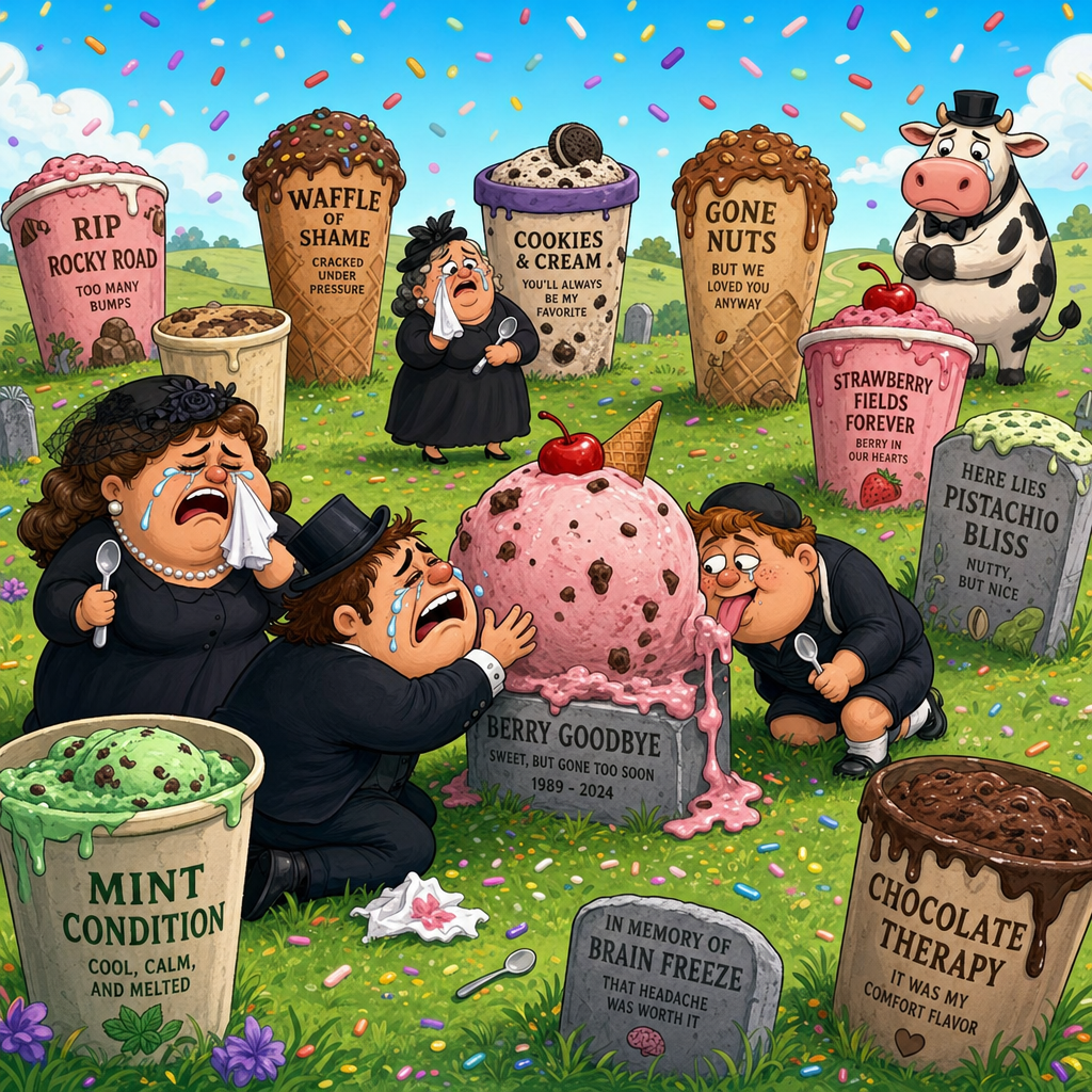 Illustration for joke: Ben & Jerry's keeps a Flavor Graveyard for all its discontinued ice creams, complete with headstones