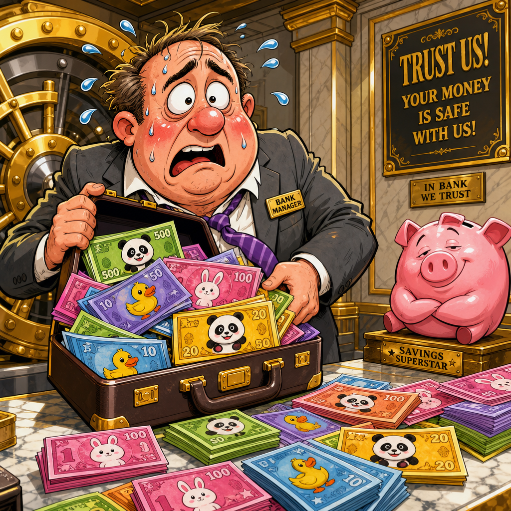 Illustration for joke: A South Korean bank manager got caught replacing £45,000 of real banknotes with cartoon play money f
