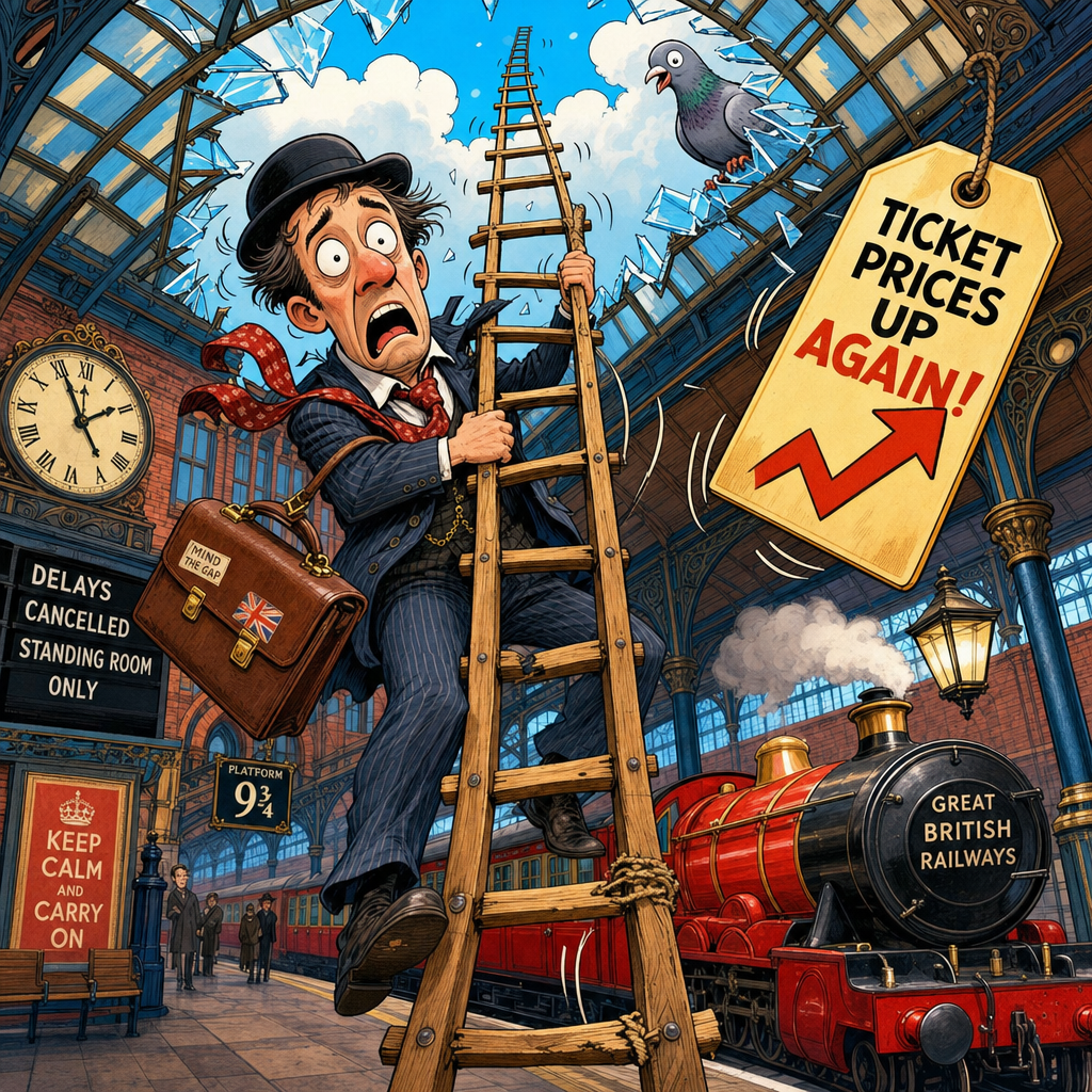 Illustration for joke: Why did the British commuter bring a ladder to the train station?