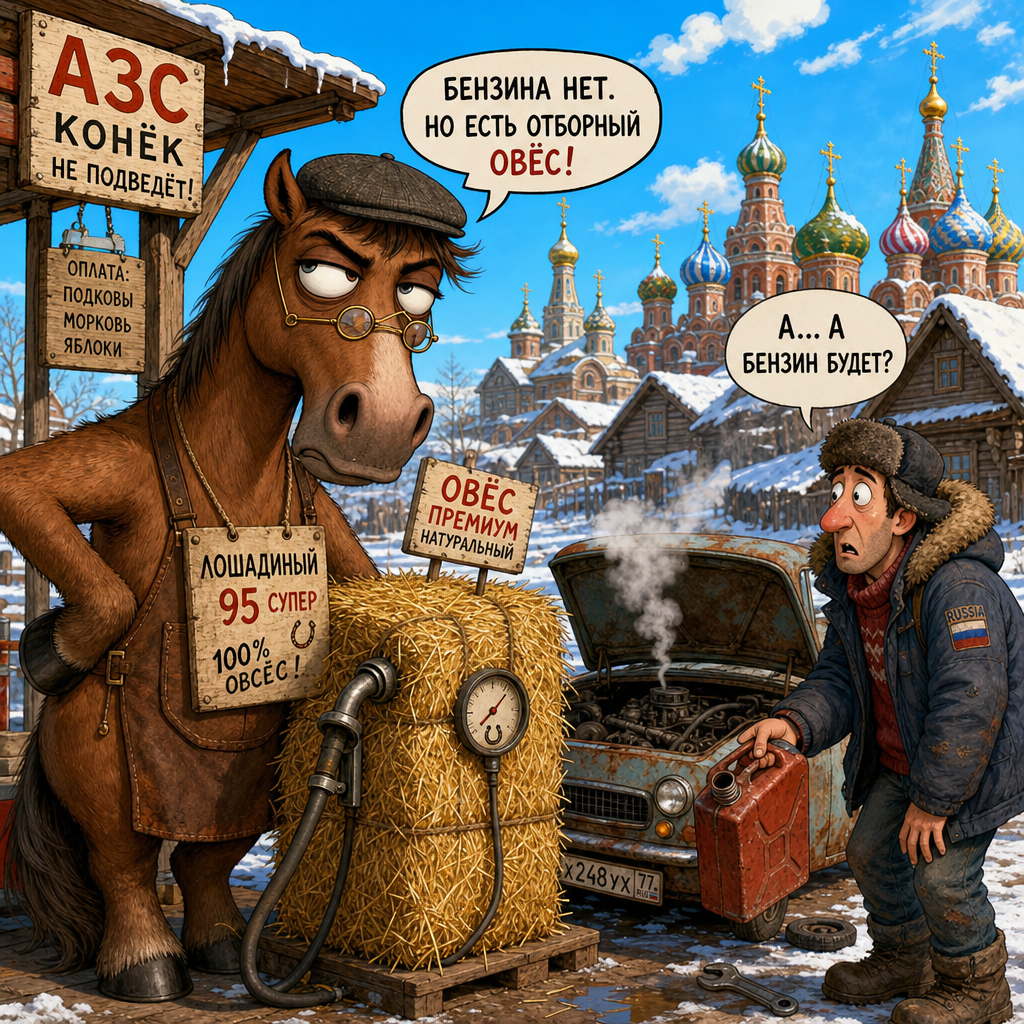 Illustration for joke: Russians are now buying horses instead of cars because of the petrol shortage.
