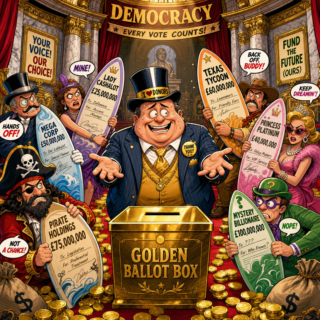 Illustration for joke: There are growing calls for a cap on political donations to British parties.