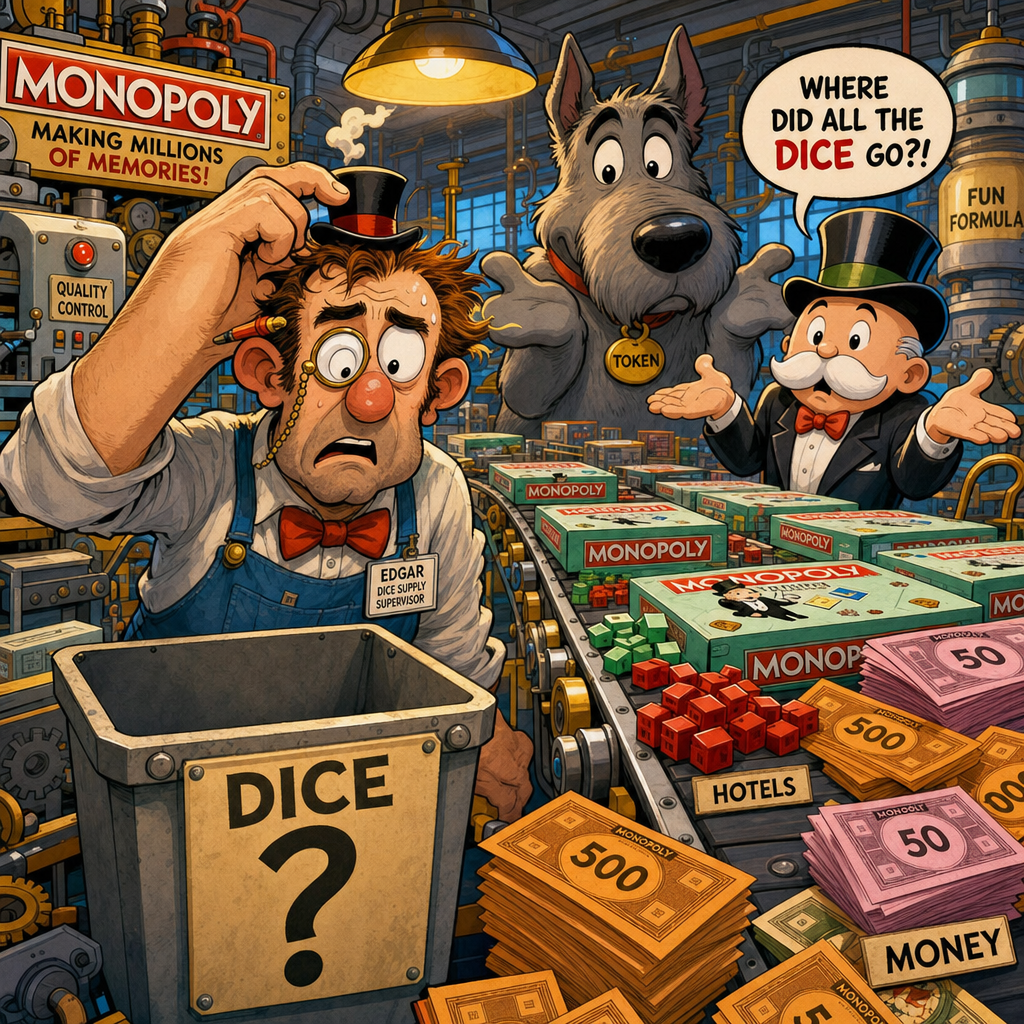Illustration for joke: An American company tried to manufacture Monopoly in the States but couldn't source the dice.