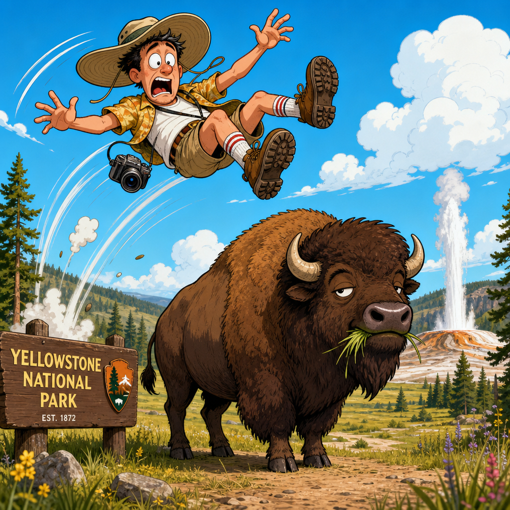 Illustration for joke: A tourist got launched into the air by a Yellowstone bison this week and says he's grateful the anim