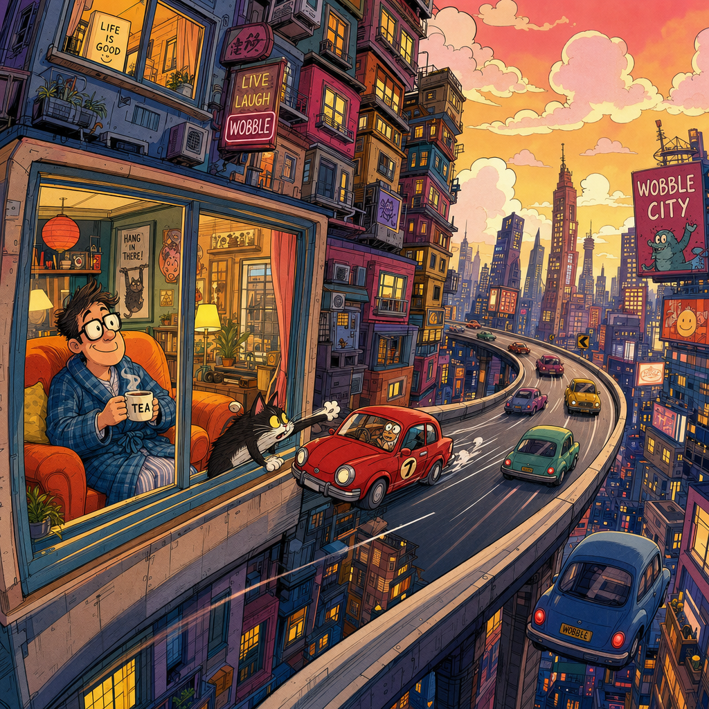 Illustration for joke: A Chinese motorway now runs straight past a dozen apartment windows, so residents can watch rush-hou