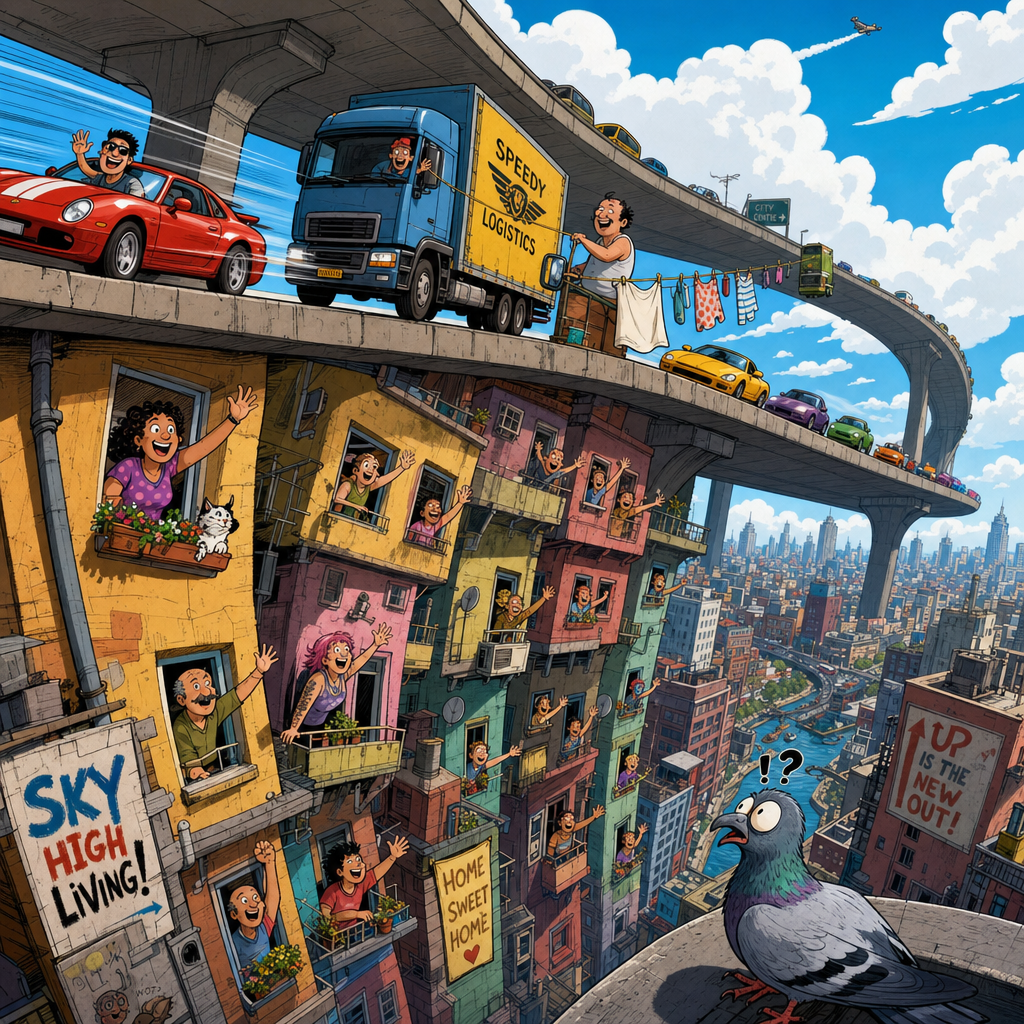 Illustration for joke: The Chinese have built a motorway that passes straight over the top of a dozen apartment buildings.