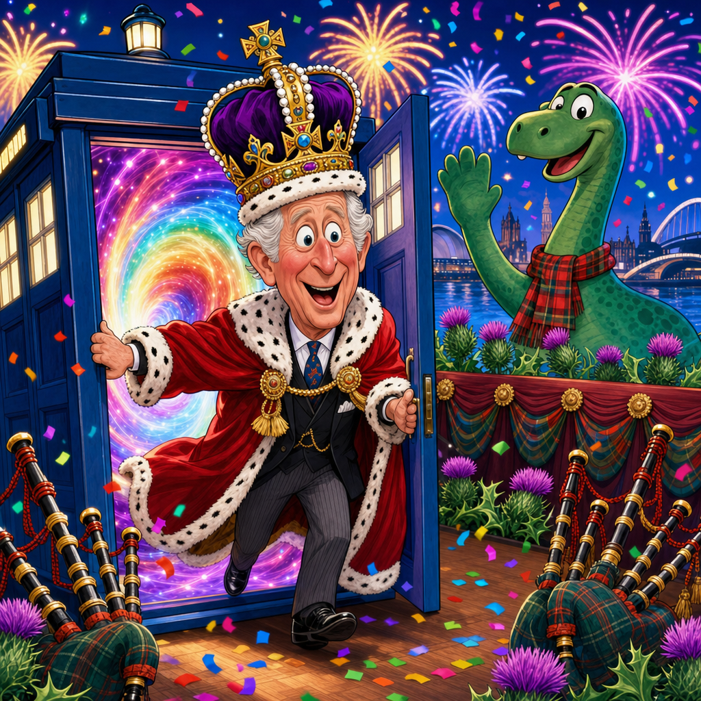 Illustration for joke: King Charles emerged from a Tardis at the Commonwealth Games opening ceremony, proving the monarchy 