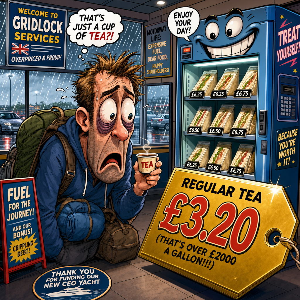 Illustration for joke: Why did the British motorway service station charge £8 for a cup of tea?