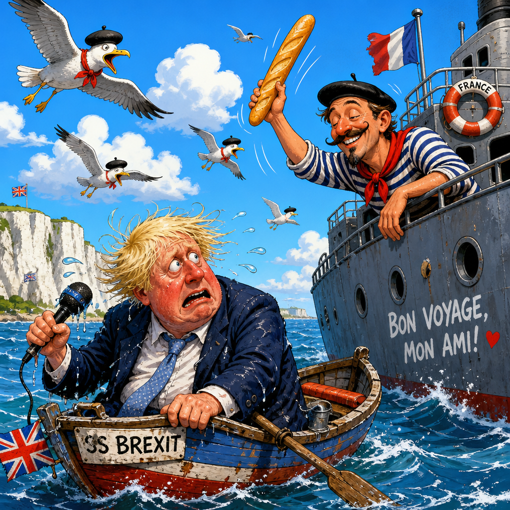 Illustration for joke: Chris Philp claims the French navy fired warning shots near his small boat, but France insists it wa