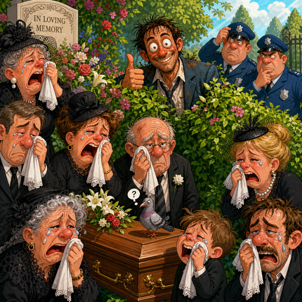 Illustration for joke: A man in China faked his own funeral to dodge a drunk-driving charge, but the plan fell apart almost