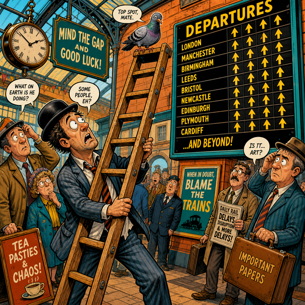 Illustration for joke: Why did the British commuter bring a ladder to the train station?