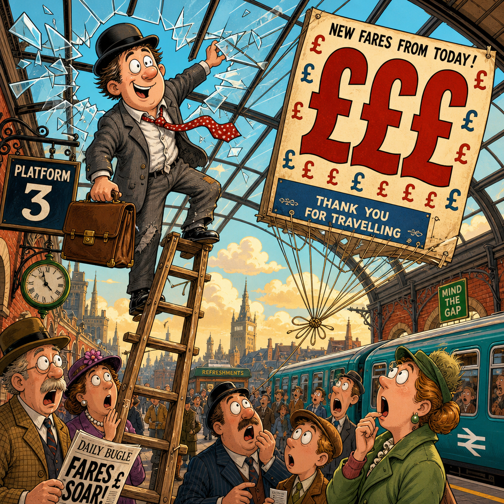 Illustration for joke: Why did the British commuter bring a ladder to the train station?
