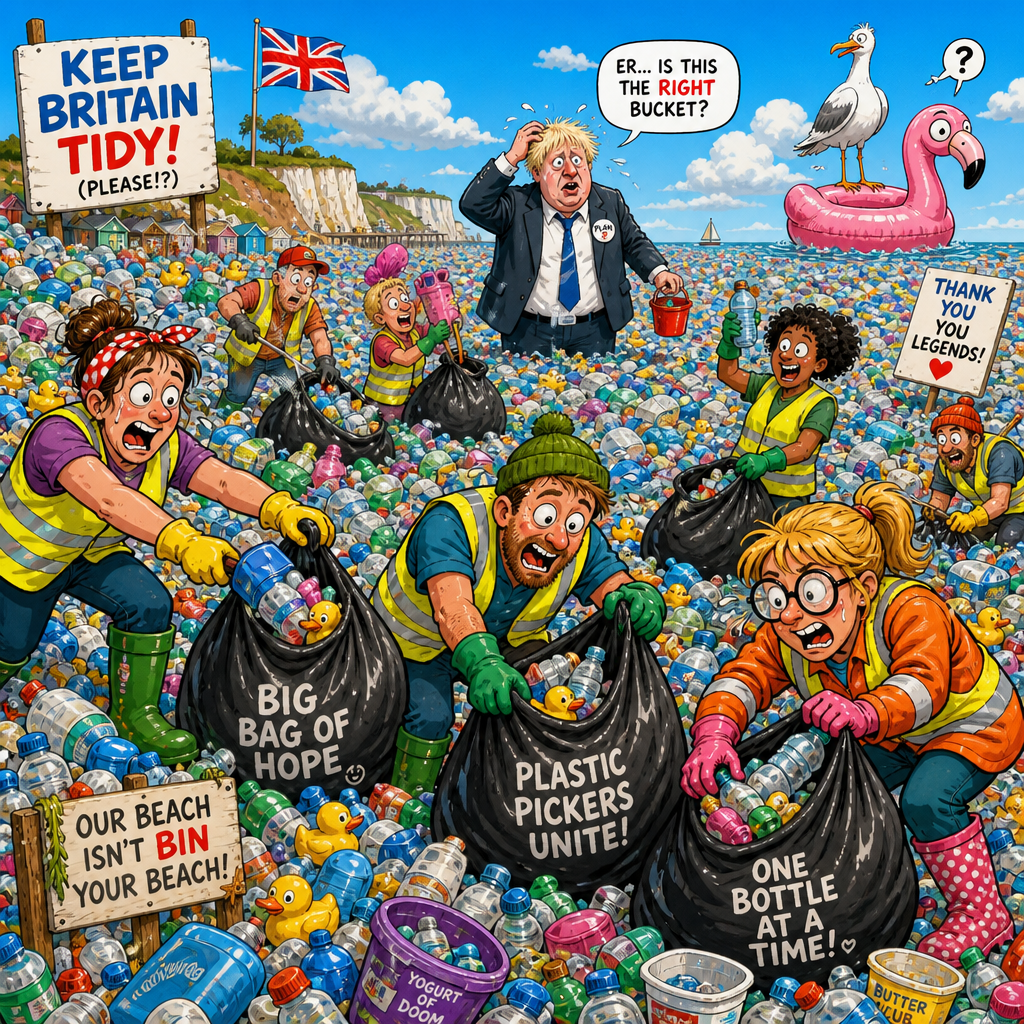 Illustration for joke: The government's been slammed for its response to the great plastic spill, with volunteers demanding