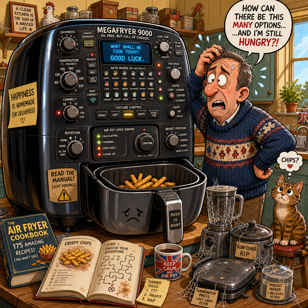 Illustration for joke: I bought that fancy 12-in-1 air fryer to reinvent myself and find my energy.