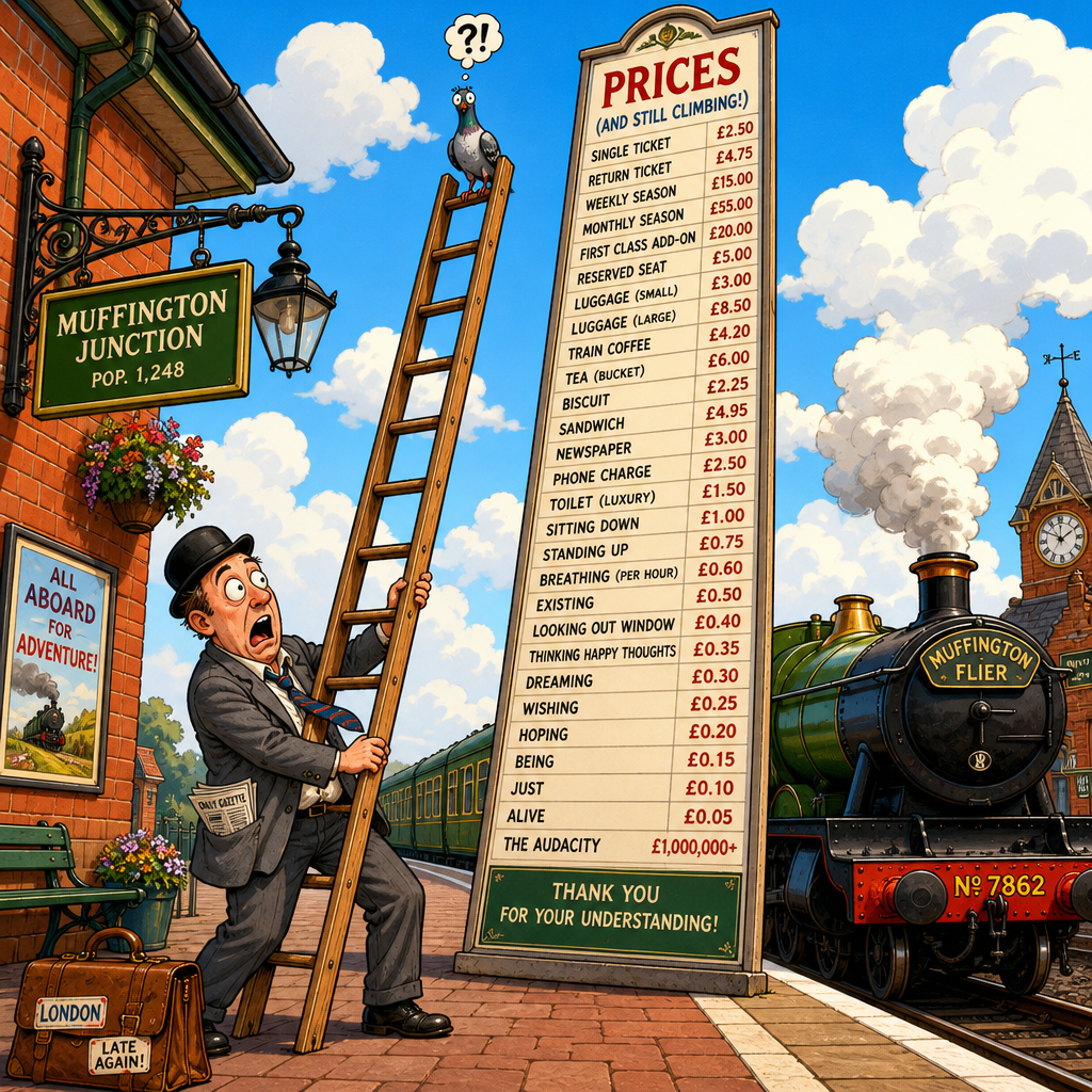 Illustration for joke: Why did the British commuter bring a ladder to the train station?