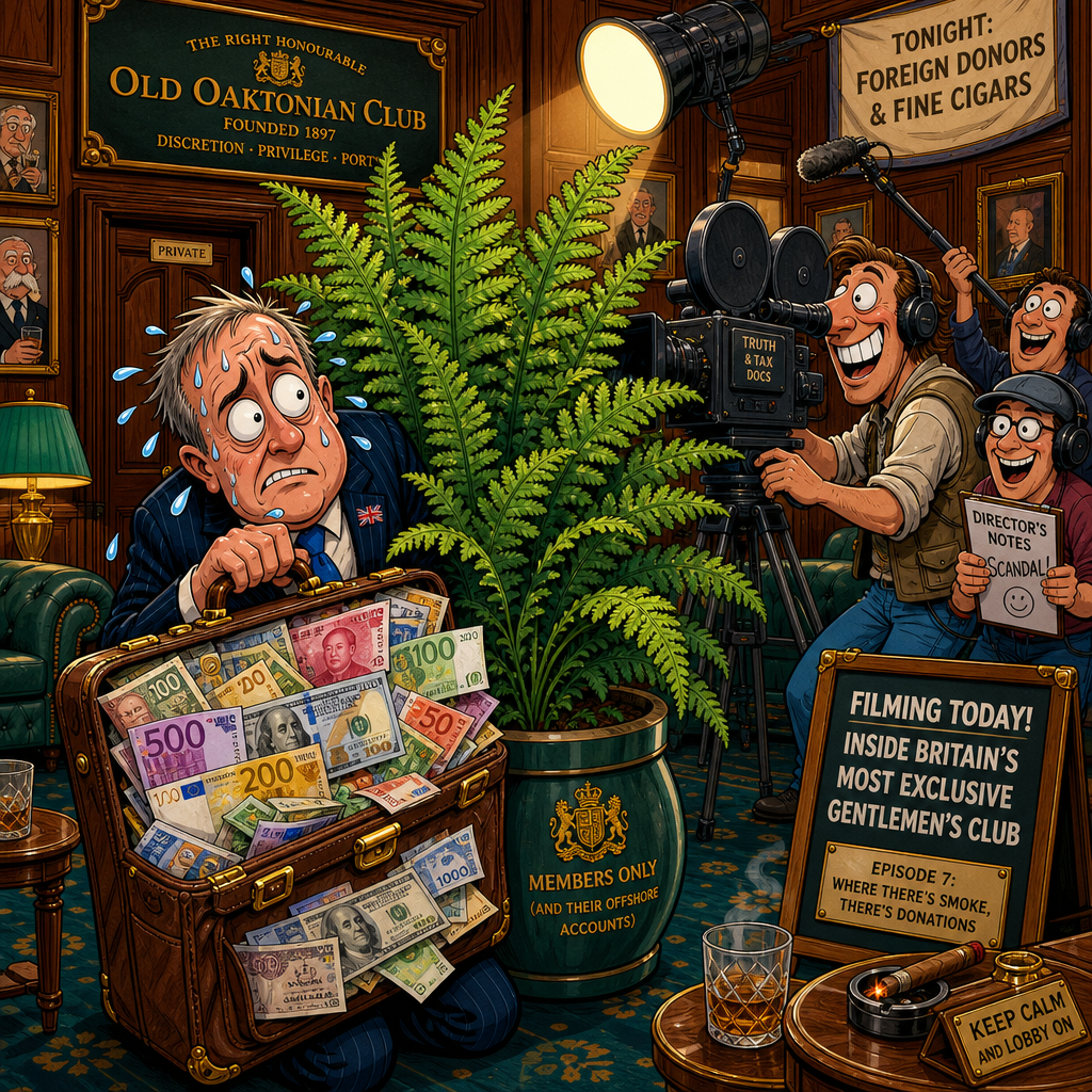 Illustration for joke: How does Reform UK prefer to receive its foreign donations?
