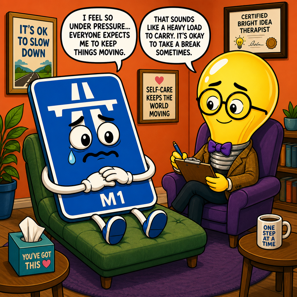 Illustration for joke: Why did the British motorway sign go to therapy?