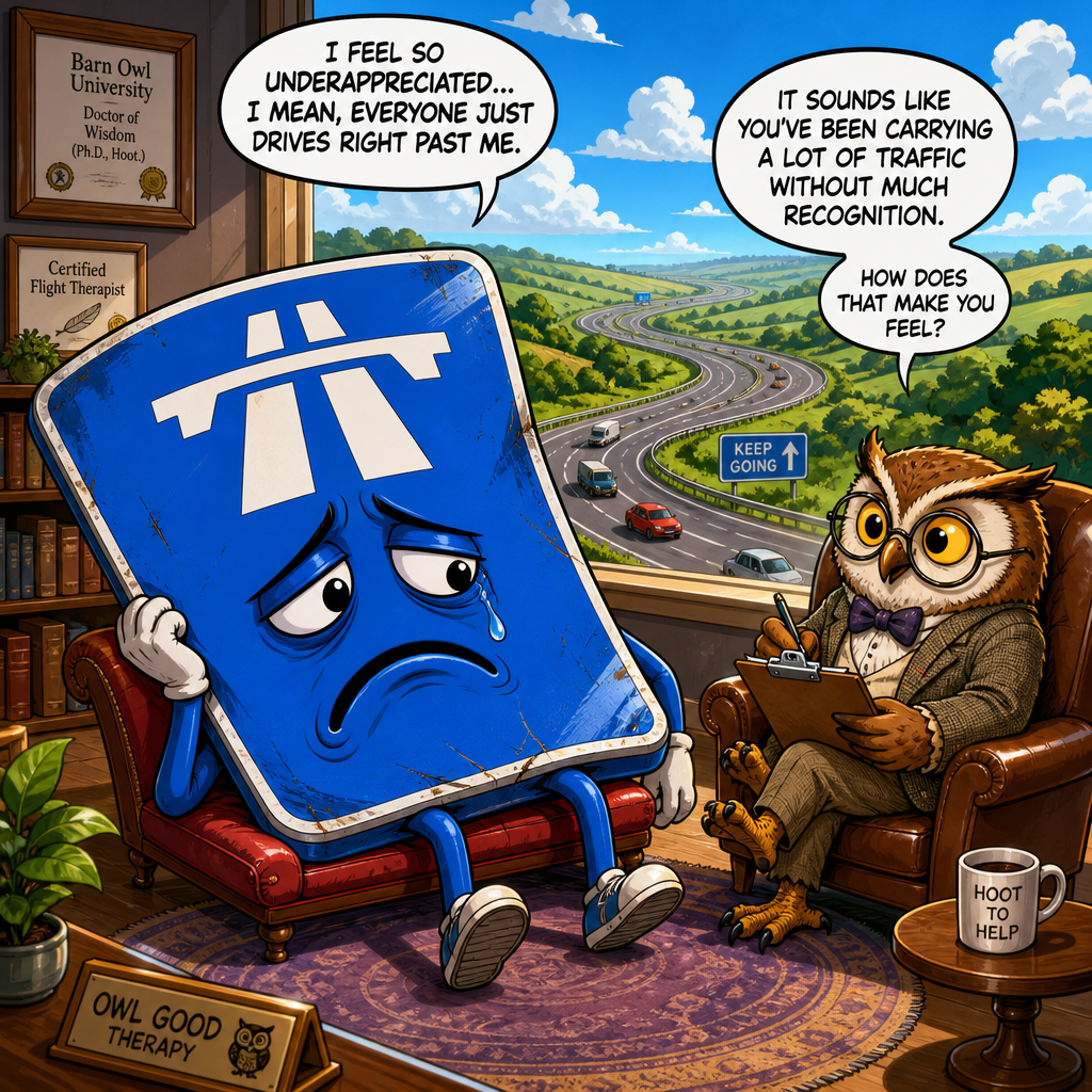 Illustration for joke: Why did the British motorway sign go to therapy?