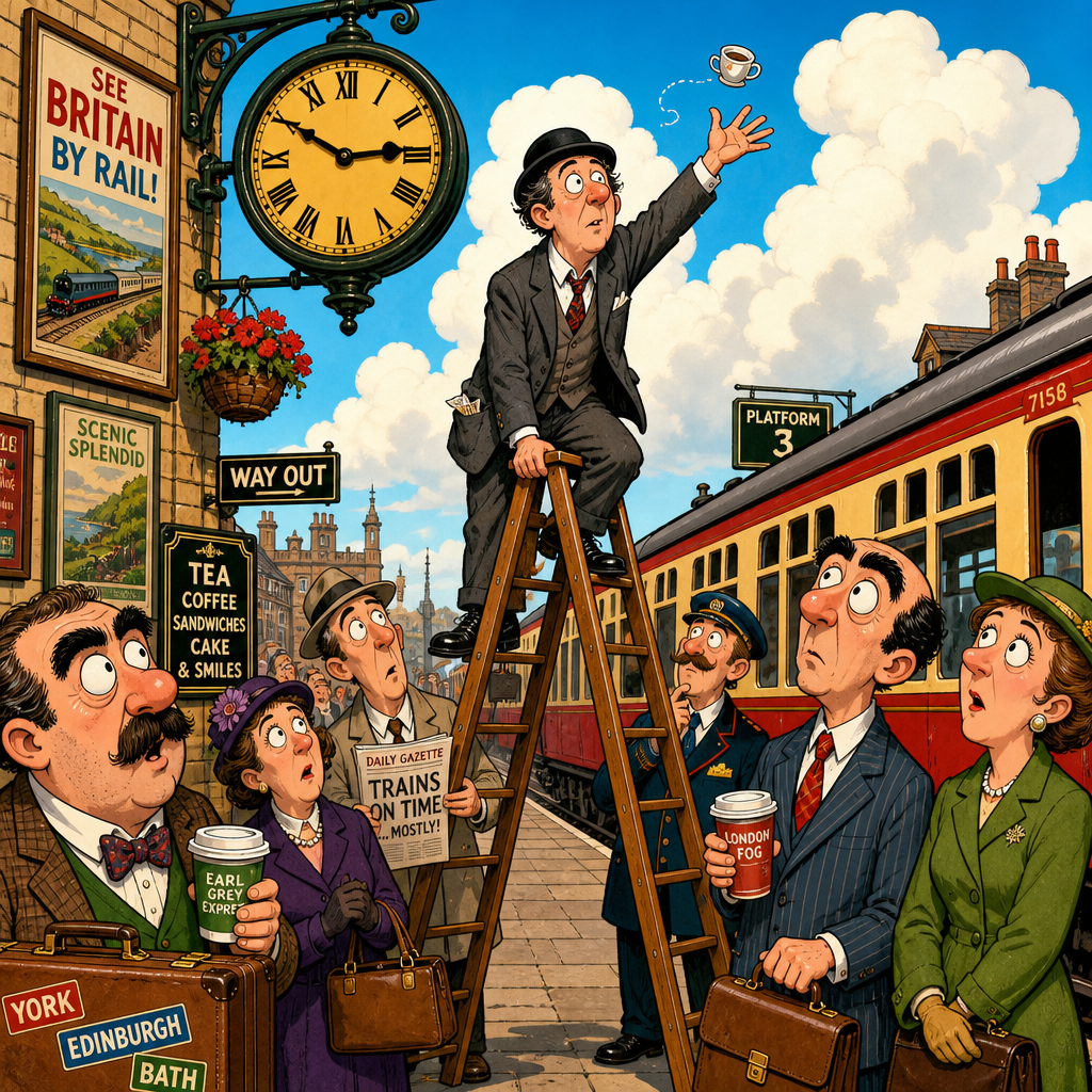 Illustration for joke: Why did the British commuter bring a ladder to the train station?