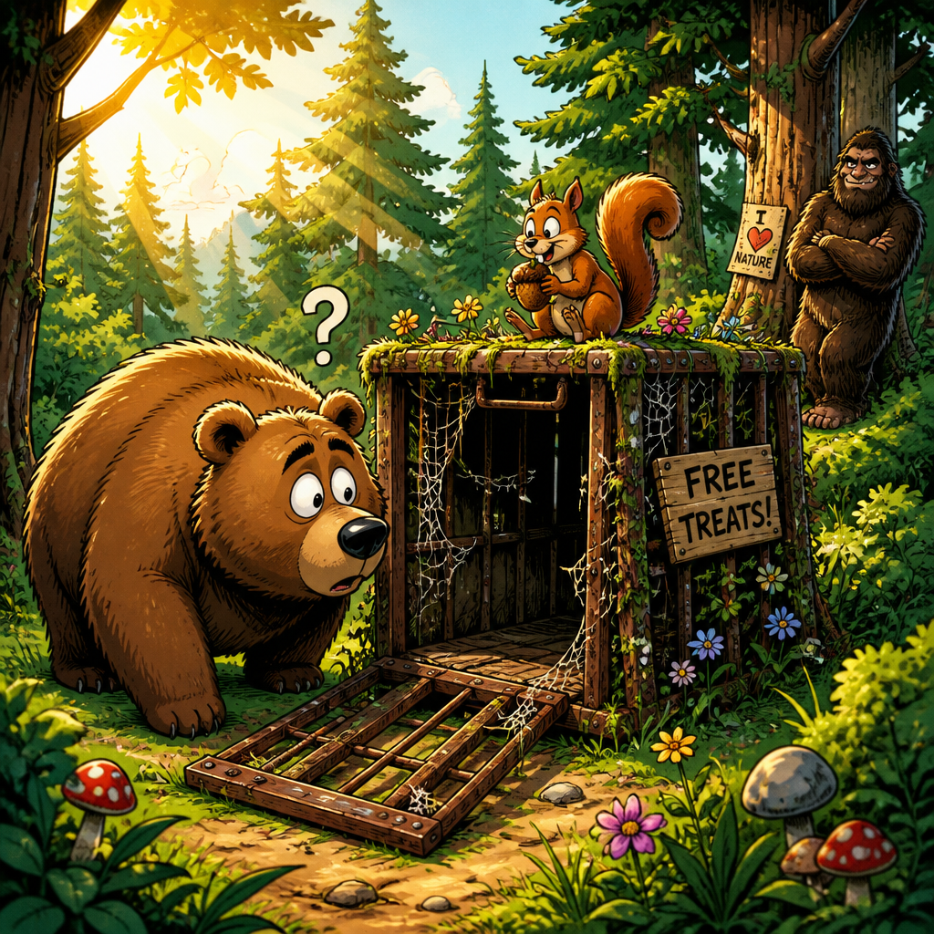 Illustration for joke: They built a Bigfoot trap in Oregon back in 1974, and after fifty years it still hasn't caught a sin