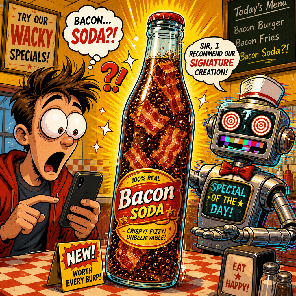Illustration for joke: I ordered a bacon sandwich on a food app and its AI showed me a photo of bacon-flavoured soda.