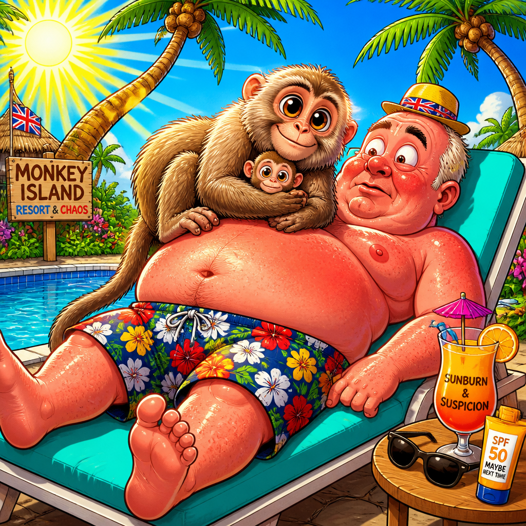 Illustration for joke: A monkey jumped into a holidaymaker's lap by the pool and decided he was her safe place to rest with
